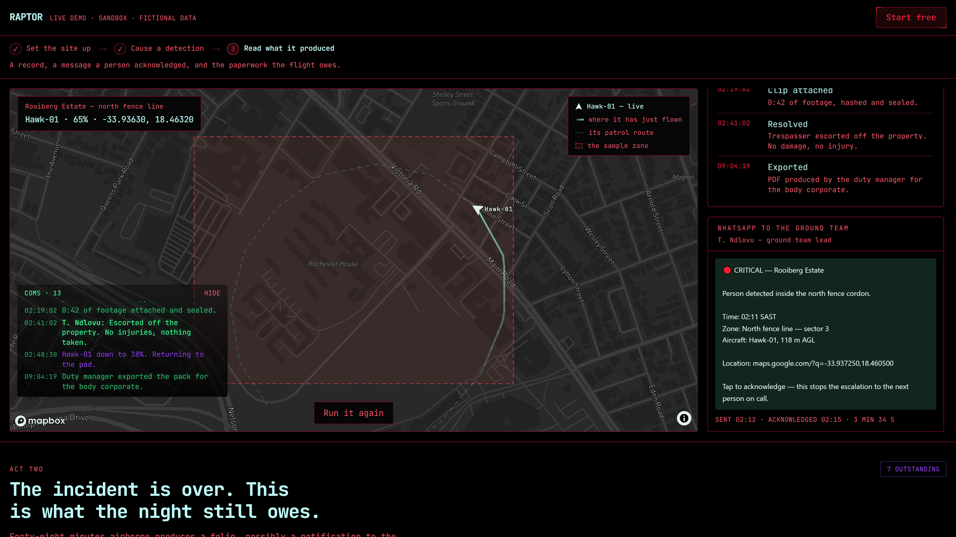 A RAPTOR incident record: a map with a red cordon zone and a drone track, beside a timeline reading Detected, Incident opened, Still captured, Alert sent, Acknowledged, Clip attached, Resolved, Exported, each with a timestamp.